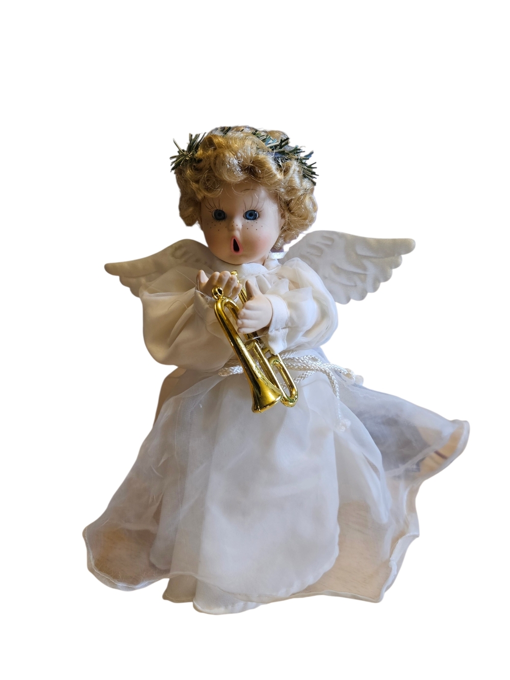 Christmas Angel Ornament 10 Porcelain Face White Dress Trumpet Vintage Holiday D